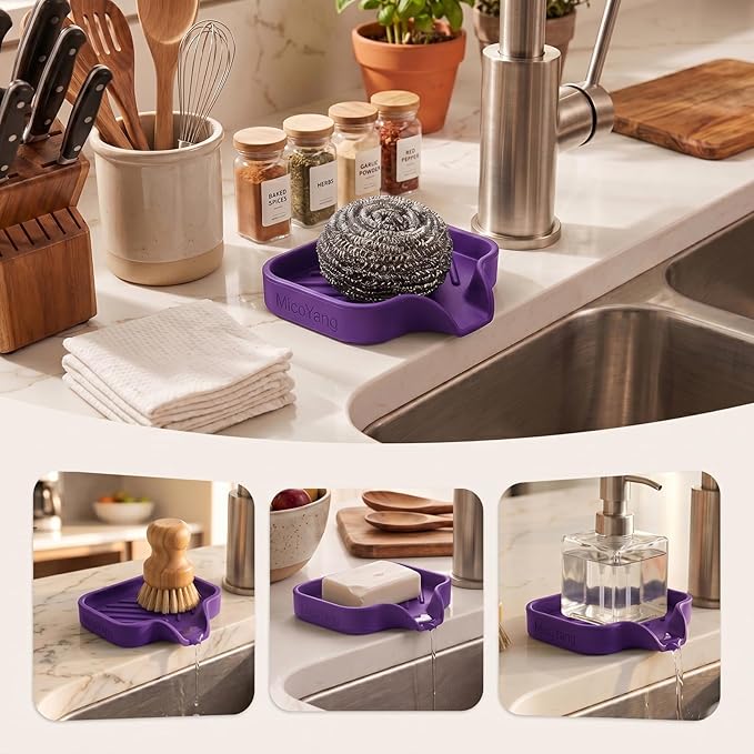 MicoYang Silicone Bathroom Soap Dishes with Drain Spout-Bathroom and Kitchen Sink Organizer,Sponge Holder,Dish Soap Tray,Perfect for Dispenser,Scrubber,Bottle,Cup on Sink or Counter-Purple 4.9"×3.2"