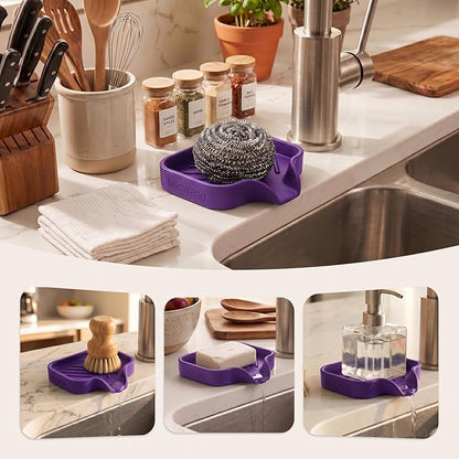 MicoYang Silicone Bathroom Soap Dishes with Drain Spout-Bathroom and Kitchen Sink Organizer,Sponge Holder,Dish Soap Tray,Perfect for Dispenser,Scrubber,Bottle,Cup on Sink or Counter-Purple 4.9"×3.2"