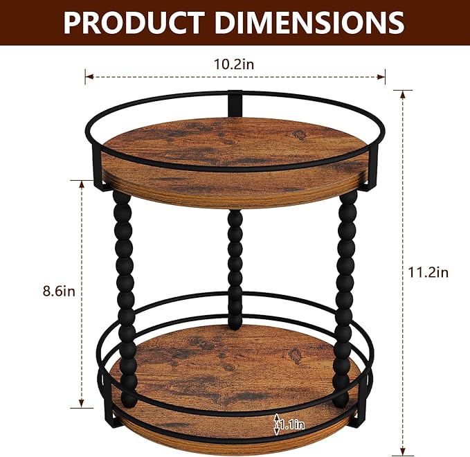 YINMIT Lazy Susan Turntable Organizer, 11.2" Rotating Spice Rack Organizer for Cabinet, Wooden 2 Tier Spinning Spice Rack for Kitchen Countertop, Table Top, Pantry, Bathroom, Brown