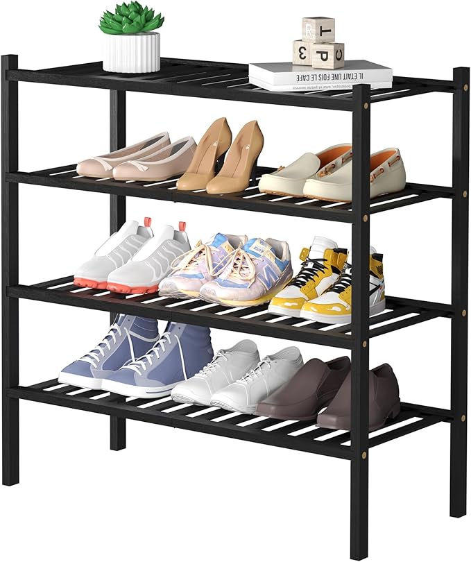 ROMGUAR CRAFT 4 Tier Bamboo Shoe Rack for Closet Free Standing Wood Shoe Shelf for Entryway Small Space Stackable 27"x11"x26" (Black)