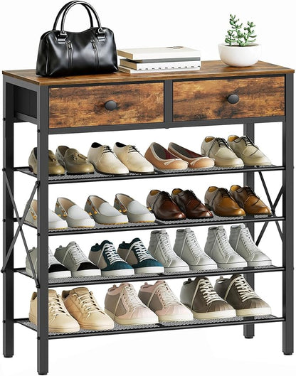 YATINEY 5 Tier Shoe Rack, Large Capacity Shoe Storage Organizer, Metal Shoe Shelf with Drawer and Wooden Top, for 20 Pairs of Shoes, for Entryway, Closet, Rustic Brown and Black SS25BRY1N1