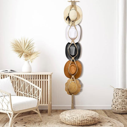 Yulejo Macrame Hat Hangers Racks Boho Cowboy Hats Holders Western Display Organizer Storage decor Back of Door for Wall(Beige,Five Hats Style)