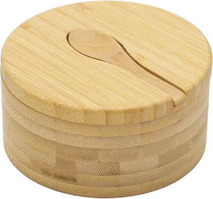 3 Compartment Wood Spice Jar, Salt and Pepper Holder with Rotating Lid & Spoon, Dustproof Condiment Container for Kitchen Countertop, Versatile Spice Cellar for Home Cooking, Picnic, BBQ, Restaurant