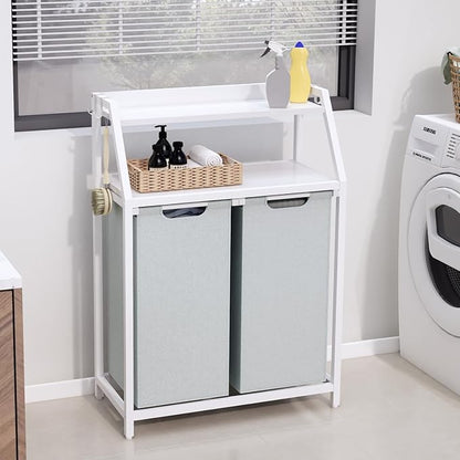 Timberer Laundry Hamper, Laundry Sorter 2 Section, Rolling Laundry Basket with Wheels, 2 Shelves, 2 × 14.5 Gal, Pull-Out and Removable Oxford Fabric Bags, for Laundry Room, White and Grey