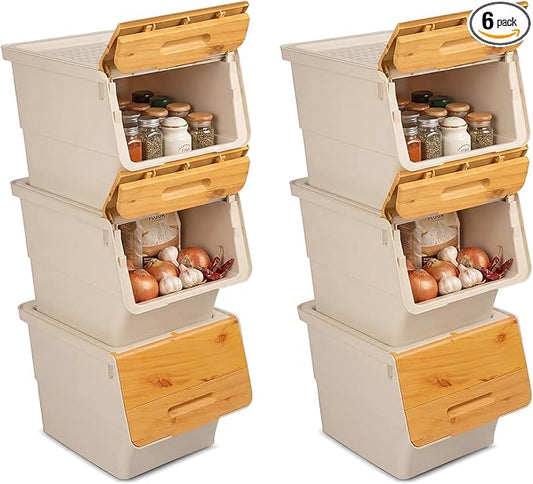 Giantex Plastic Stackable Storage Bins with Lids & Wheels, 6 Pack Open Front Stacking Bins, Organizer Bins for Pantry, Kitchen, Laundry, Closet, Playroom, Bedroom Organization （12.5 QT）