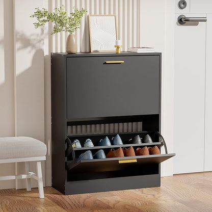 JOZZBY Shoe Cabinet for Entryway, Narrow Shoe Storage Cabinet with 2 Flip Drawers, Wooden Hidden Shoe Rack Organizer with 2 Tier Freestanding for Hallway, Living Room, Set of 2, Black