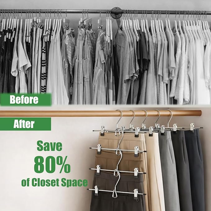 Pants Hangers with Clips, 10 Pack Stackable Skirts Hanger Space Saving, Hanging Closet Organizer and Storage for College Dorm Apartment