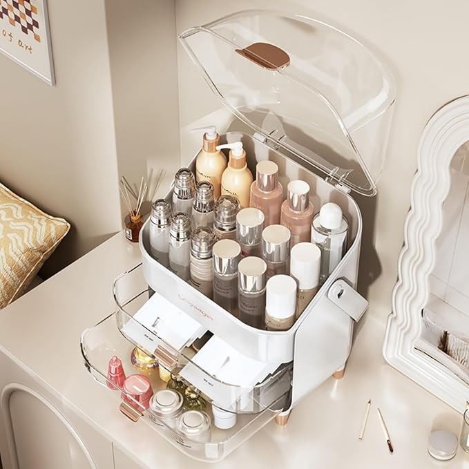 Makeup Organizer, Skincare Organizers with Clear Lid & 2 Drawers and 360° Rotating Brush Holder