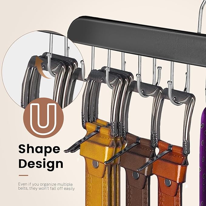 ASTIMESA Solid Wood Belt Hanger, 14 Hooks Belt Organizer Space Saver for Closet, 360° Rotating Belt Holder Tie Rack for Men Women Dorm Bra Purse Scarf Tank Top Storage Accessories (Black)