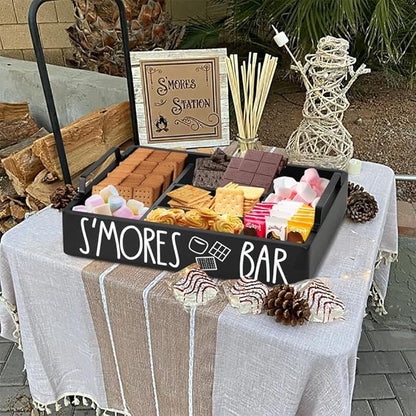 Wooden S'mores Bar Station, Smores Caddy Holder with Handles for Counter, Farmhouse S'mores Serving Tray for Kitchen, S’mores Maker Box for Smores Kit Camping Decor, Smores Accessories Organizer