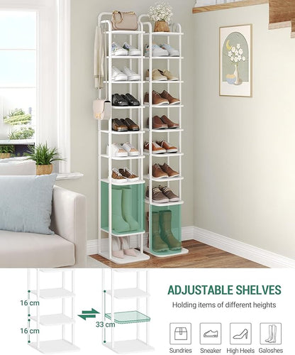 Hzuaneri 10 Tiers Vertical Shoe Rack, Narrow Shoe Tower, Tall Shoes Shelf with 2 Hooks, Adjustable Shelves, Corner Shoes Shelves for Small Spaces, Entryway, Living Room, White SR11213W