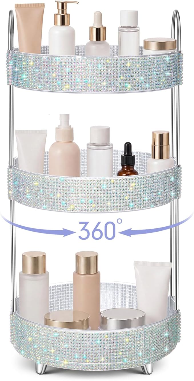Honeydak 360 Rotating Perfume Organizer for Mother Day Nurse Day Rhinestone Bathroom Counter Organizer Makeup Holder Skincare and Perfume Storage for Cosmetic Countertop(3 Tiers,Resin Stone,Silver)