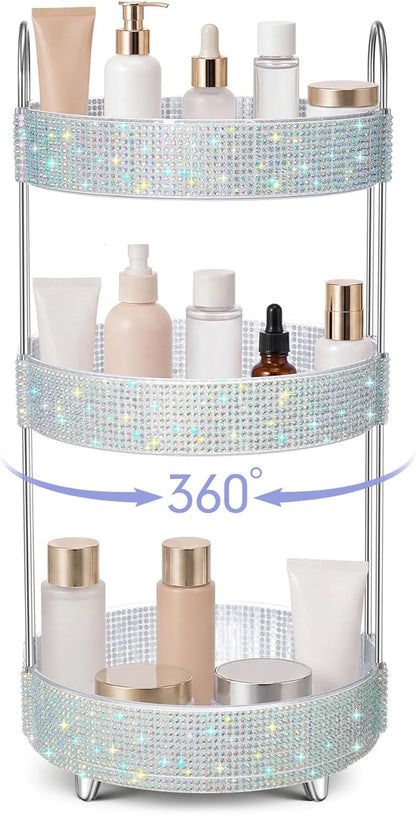 Honeydak 360 Rotating Perfume Organizer for Mother Day Nurse Day Rhinestone Bathroom Counter Organizer Makeup Holder Skincare and Perfume Storage for Cosmetic Countertop(3 Tiers,Resin Stone,Silver)