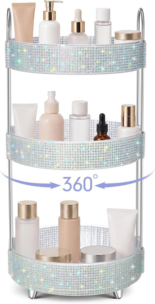 Honeydak 360 Rotating Perfume Organizer for Mother Day Nurse Day Rhinestone Bathroom Counter Organizer Makeup Holder Skincare and Perfume Storage for Cosmetic Countertop(3 Tiers,Resin Stone,Silver)