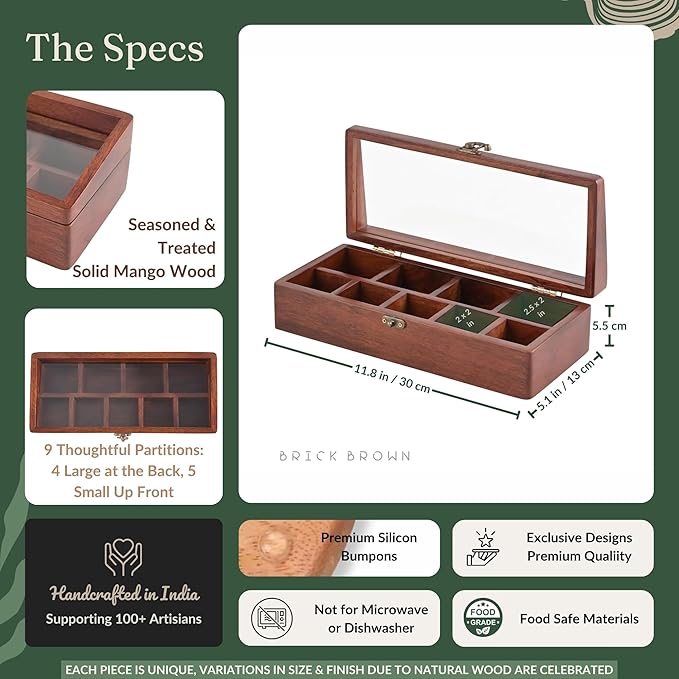 Brick Brown® Premium Handcrafted Wooden Prism Masala Box with Wooden Spoon | 9-Compartment Spice Box Organizer with Acrylic Lid | Masala's Dani Namak Dani Dabba | Masala Container Popula Dabba