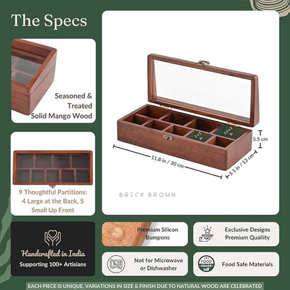 Brick Brown® Premium Handcrafted Wooden Prism Masala Box with Wooden Spoon | 9-Compartment Spice Box Organizer with Acrylic Lid | Masala's Dani Namak Dani Dabba | Masala Container Popula Dabba