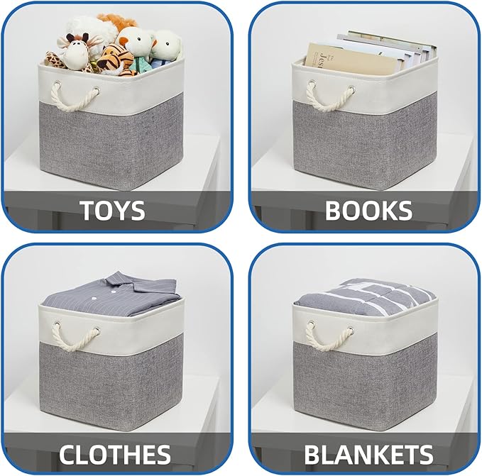 Temary Fabric Baskets 12 Inch Storage Cubes Basket with Handle, Clothes Baskets for Gift, Large Bins for Organizing Books, Blankets (White&Gray)