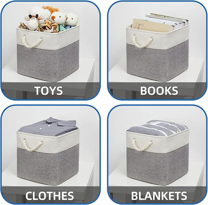Temary Fabric Baskets 12 Inch Storage Cubes Basket with Handle, Clothes Baskets for Gift, Large Bins for Organizing Books, Blankets (White&Gray)