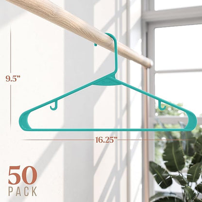 Plastic Hangers 50 Pack Aqua - Clothes Hangers - Makes The Perfect Coat Hanger and General Space Saving Hangers for Closet and New Apartment Essentials - Percheros Ganchos para Colgar Ropa Hangars