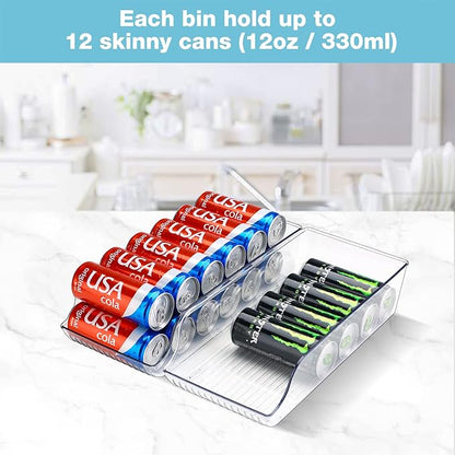 Puricon 4 Pack Refrigerator Organizer Bins Can Dispenser Storage Holder, Soda Beverage Canned Food Container Bin Clear Plastic Pantry Storage Rack for Fridge Kitchen Countertops Cabinets -Skinny Can