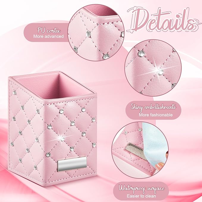 ReliThick 2 Pcs Pink Makeup Brush Holder, Crystal Bling PU Leather Vanity Organizer, Waterproof Glitter Cosmetic Brush Cup for Dresser Countertop Decor Gift for Women