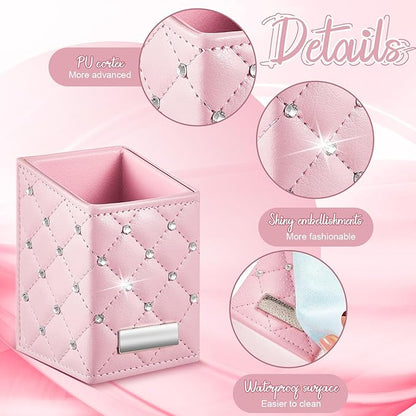 ReliThick 2 Pcs Pink Makeup Brush Holder, Crystal Bling PU Leather Vanity Organizer, Waterproof Glitter Cosmetic Brush Cup for Dresser Countertop Decor Gift for Women