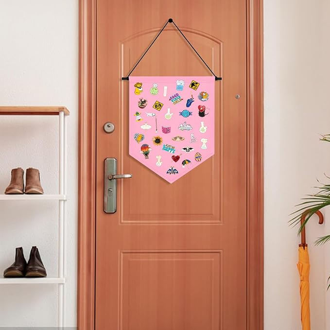 Wall Hanging Brooch Organizer Storage Board Colorful Enamel Pin Badge Canvas Display Banner Earrings Case Collection Holder 12.6x10in(Not Include Any Accessories) (Pink)