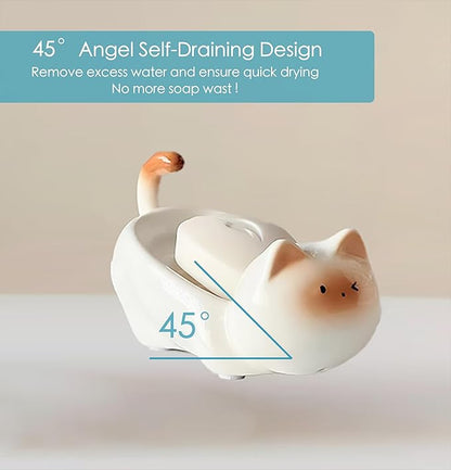 Ceramic Cute Cat Soap Dish, Self-Draining Bar Soap Holder for Shower, Decorative Soap Tray for Bathroom Sink Kitchen Counter, Easy Clean Soap Saver Tray(White)