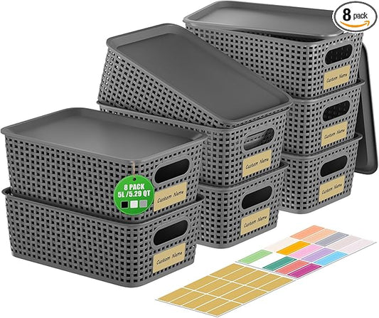 8 Pcs Plastic Storage Baskets with Plastic Lids and Labels 5.29qt Stackable Box Basket Pantry Decorative Containers, Small Storage Bins for Desktop Organizing Shelves Drawers Cabinets 10*7.2*4.1"