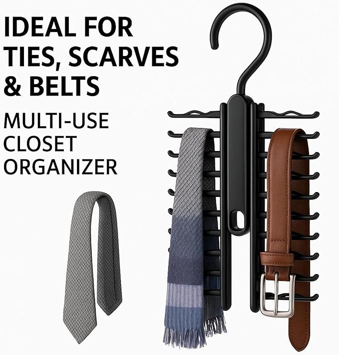 Tie Hanger for Men – 2 Pack Space-Saving Tie Organizer for Closet – Durable Plastic Scarf & Belt Hanger – 20-Tie Capacity Rack, Black – Closet Organizer for Ties, Scarves & Accessories