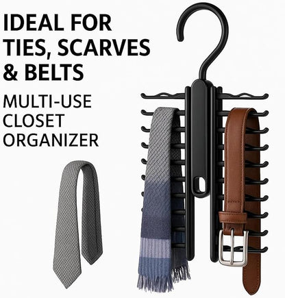 Tie Hanger for Men – 2 Pack Space-Saving Tie Organizer for Closet – Durable Plastic Scarf & Belt Hanger – 20-Tie Capacity Rack, Black – Closet Organizer for Ties, Scarves & Accessories