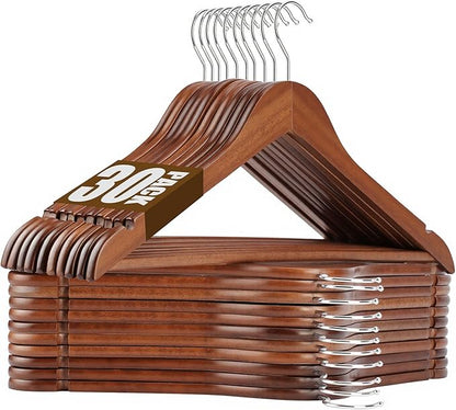 Wooden Hangers 30 Pack Solid Wood Hangers,Heavy Duty Coat Hangers for Closet, Wooden Clothes Hangers for Suits, Shirts, Pants, Jackets(Walnut)