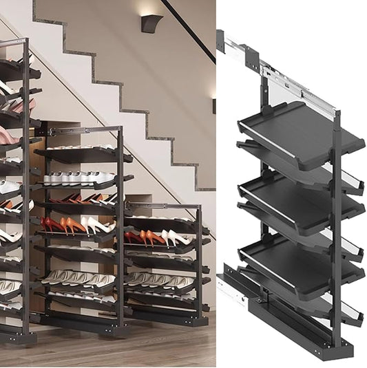 Pull-Out Shoe Rack Organizer for Closet Shoe Cabinet,Adjustable Height Retractable Metal Stackable Shoe Rack, Vertical Shelf Organizer for Small Bedroom Closet, Space Saving Storage, Black(58cm,6 Tier