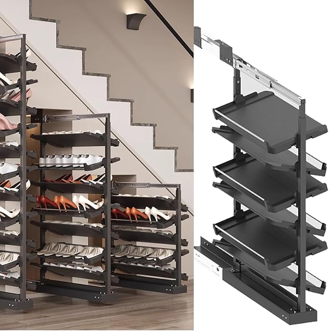 Pull-Out Shoe Rack Organizer for Closet Shoe Cabinet,Adjustable Height Retractable Metal Stackable Shoe Rack, Vertical Shelf Organizer for Small Bedroom Closet, Space Saving Storage, Black(68cm,6 Tier