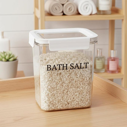 61 oz Bath Salt Jar, Plastic Bath Salt Container with Scoop, Airtight Storage with Locking Lids, Stackable Clear Canister for Epsom Salt, Bathtub Accessories