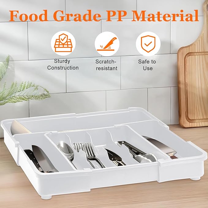 Spaclear Expandable Silverware Drawer Organizer - 7 Compartments BPA-Free Kitchen Utensil Tray, Adjustable 12.6”×9.5" to 19"×15.2", Cutlery Drawer Organizer, Gray