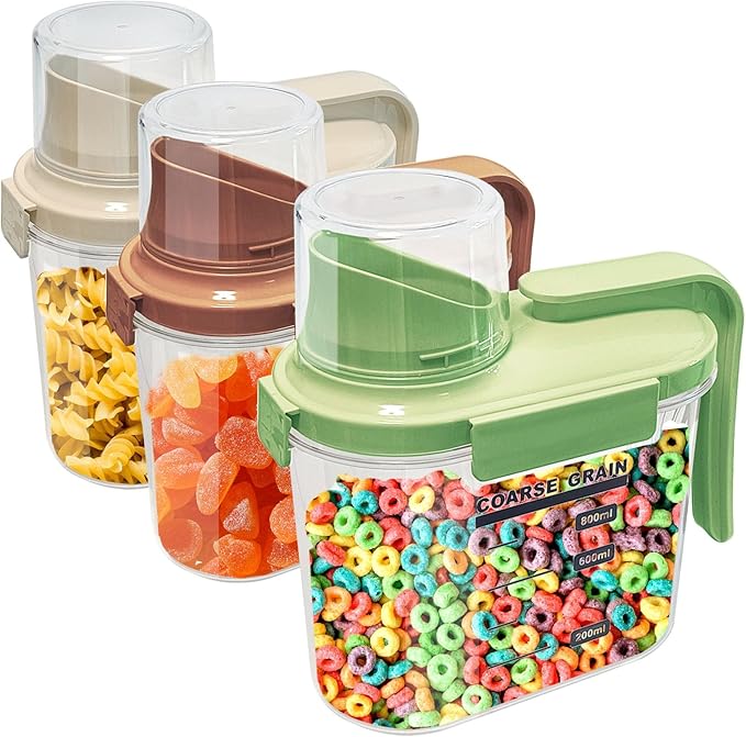 Cereal Containers Storage Airtight Food Storage Containers with Lids Plastic Small Cereal Dispenser with Pour Spout, Pantry Organization and Canister for Rice, Dry Food , Sugar & Flour, 0.8L 3 Pack