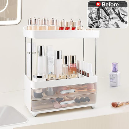 DASITON 4 Tiers Makeup Organizer, 2 Drawers Large Cosmetic Organizers for Vanity Bathroom Countertop, Bathroom Organizers and Storage for Skincare, Cosmetic, Perfume, Dresser Organizer (White+Clear)