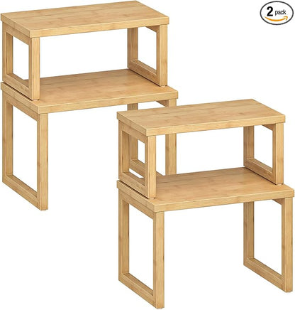 HOOBRO Cabinet Organizer Shelf, Set of 4 Kitchen Counter Shelves, Expandable Kitchen Storage, Stackable Bamboo Spice Rack, for Countertop, Office Desk, Living Room, Natural YL20TLP201