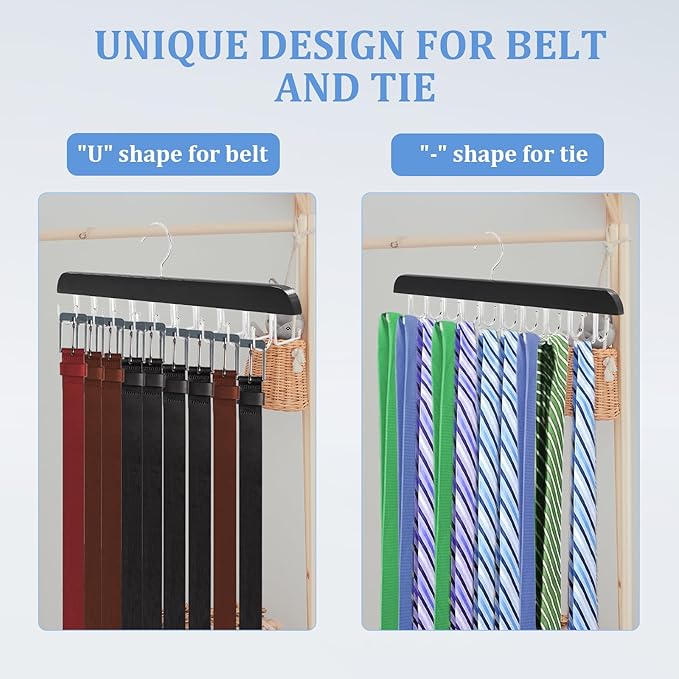 4 Pack Tie Rack & Belt Hanger, 2 in 1 Ties Hanger for Closet, Ties Organizer for Men, Space Saving Necktie Organizer with 20 Hooks, Sturdy Wood Belt & Tie Collection for Closet (Black)