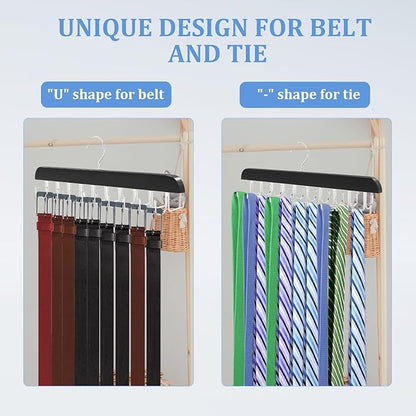 4 Pack Tie Rack & Belt Hanger, 2 in 1 Ties Hanger for Closet, Ties Organizer for Men, Space Saving Necktie Organizer with 20 Hooks, Sturdy Wood Belt & Tie Collection for Closet (Black)