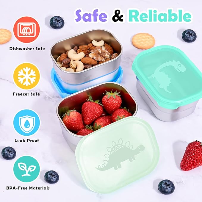 Tanjiae 3×8oz Small Stainless Steel Snack Containers for Kids and Toddlers - 230mL Leakproof Food Containers with Cute Dino Lids | LFGB Certified, Stackable Metal Snack Box for School, Daycare, Travel