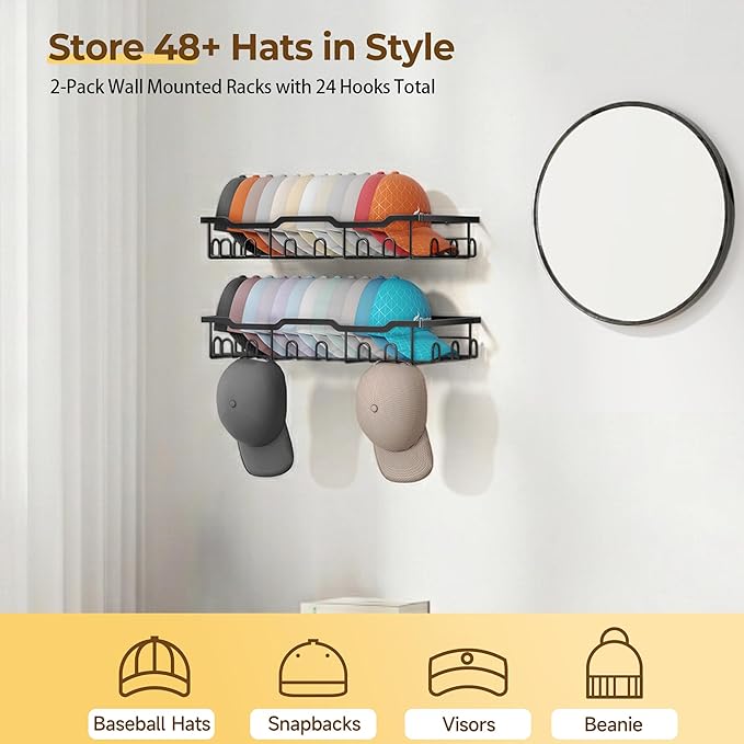 Nicetree Hat Rack for Wall - 2 Pack Metal Hat Organizer for Baseball Caps - Heavy Duty Wall Mounted Baseball Cap Organizer and Hat Storage for Closet Wall or Bedroom - Holds 48 Caps,Black