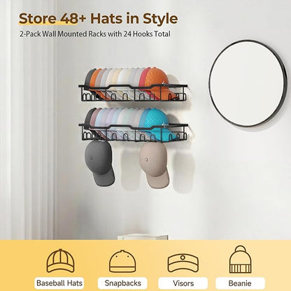 Nicetree Hat Rack for Wall - 2 Pack Metal Hat Organizer for Baseball Caps - Heavy Duty Wall Mounted Baseball Cap Organizer and Hat Storage for Closet Wall or Bedroom - Holds 48 Caps,Black