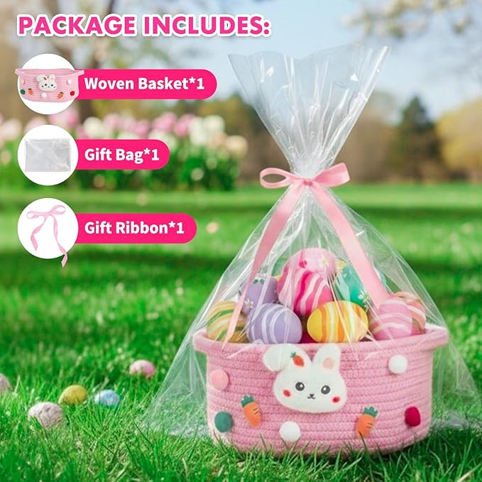 ShellKingdom Empty Gift Basket with Gift Bags and Ribbon, Birthday Basket for Boys Girls, Storage Woven Basket with Handles for Home Organizer, 12 X 8 X 5 INCH, Easter Pink