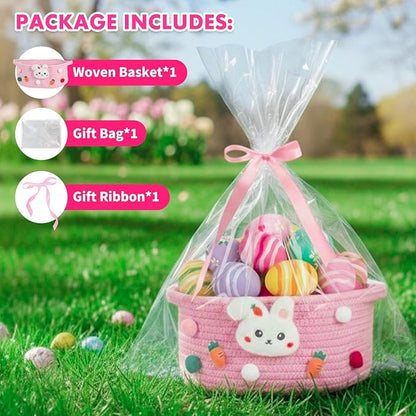 ShellKingdom Empty Gift Basket with Gift Bags and Ribbon, Birthday Basket for Boys Girls, Storage Woven Basket with Handles for Home Organizer, 12 X 8 X 5 INCH, Easter Pink