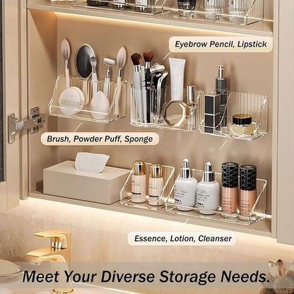 6 Pcs Medicine Cabinet Tray Organizer, Bathroom Vanity Toilet Cabinet Inside Shelves Storage Holder for Skincare Perfume Lipsticks Jewelry Brushes, Plastic Clear