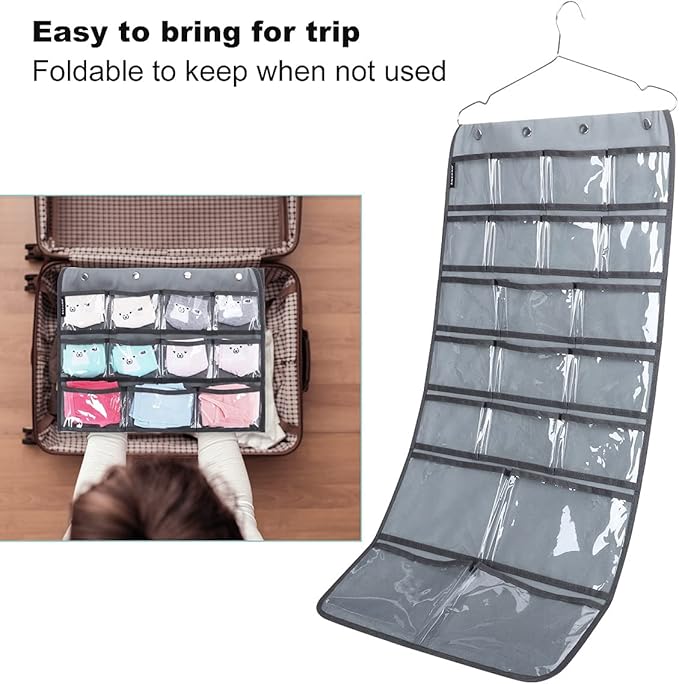 Dual Sided Hanging Organizer for Jewelry Makeup Storage Closet Organizers for Bows Socks Underwear with 42 Clear Pockets (GREY)