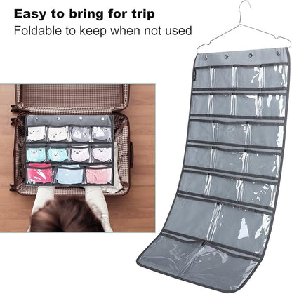 Dual Sided Hanging Organizer for Jewelry Makeup Storage Closet Organizers for Bows Socks Underwear with 42 Clear Pockets (GREY)