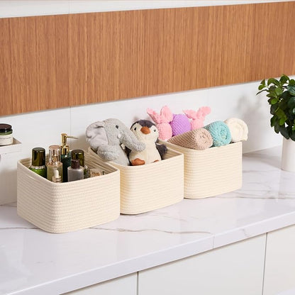 MiniArk Small Organizing Baskets for Cubes Shelf, 9.7x9.7x7.1 Inch Rope Woven Storage Bins for Nursery Shelves Storage, Cute Toy Basket, Square 3 Packs Beige